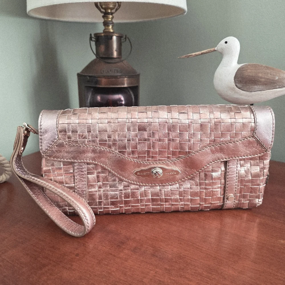 Elliott Lucca Woven Wristlet Clutch Pink Rose Gold Metallic Leather Bag